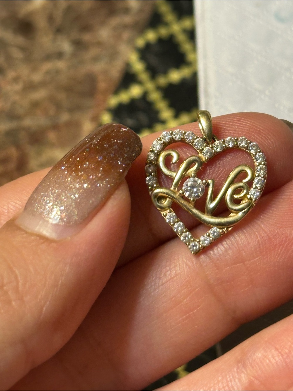 Solid Gold 'Love' Heart Pendant with Clear Stones